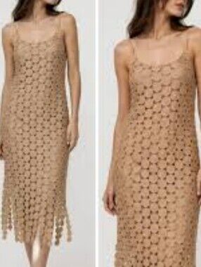 Crochet Midi Spagetti Straps  Dress with Fringe - Women Color Beige Size Medium